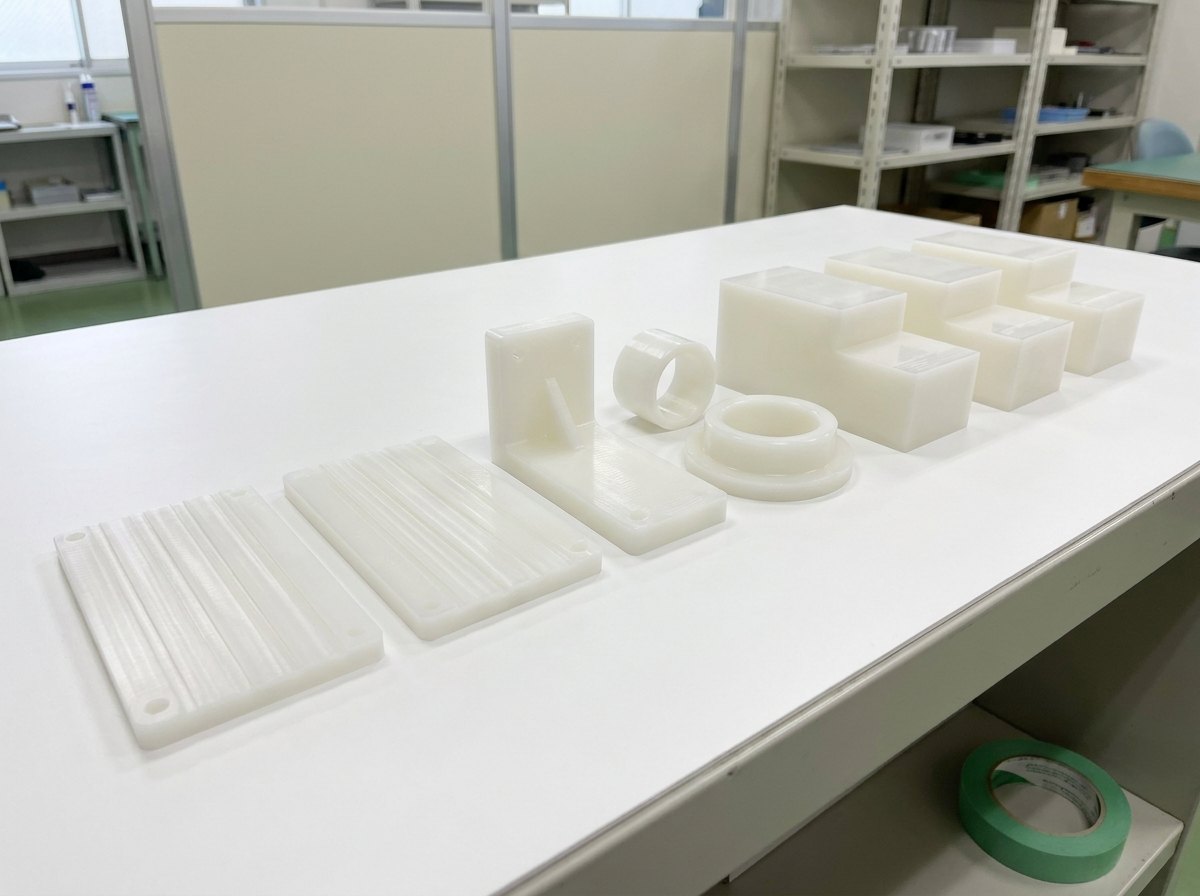 溶着前に分割して削り出したPP部品を並べたイメージ